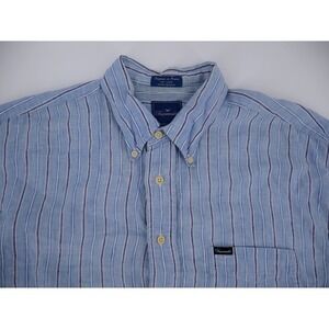Faconnable 100% Linen Shirt XL Blue White Stripe Short Sleeve Button Down EUC